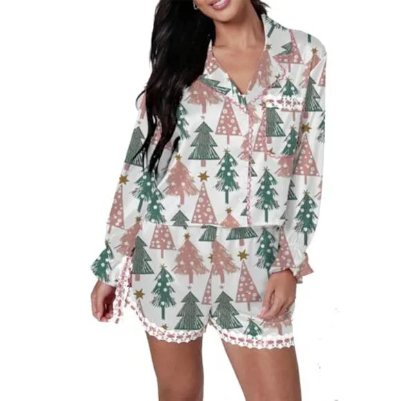 Satin Silk Pajama Set Elegant Bow Tie Long Sleeve Top Chic Sleepwear